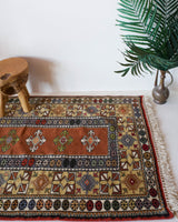 Vintage Turkish rug in a living room setting, pile rug, Turkish rug, vintage rug, portland, rug shop, bright colors, wild shaman, soft rug, bold color, Portland, Oregon, rug store, rug shop, local shop, antique rug,  sun colors, warm colors