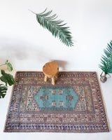 Small area rug in a living room setting, pile rug, Turkish rug, old rug, antique rug, pastel colors, faded colors, Turkish rug, vintage rug, soft rug, Portland, Oregon, rug store, rug shop, local shop, cool colors