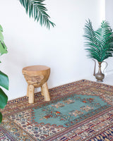 Small area rug in a living room setting, pile rug, Turkish rug, old rug, antique rug, pastel colors, faded colors, Turkish rug, vintage rug, soft rug, Portland, Oregon, rug store, rug shop, local shop, cool colors
