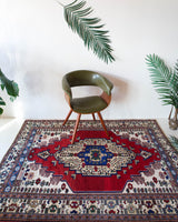 Vintage Turkish rug in a living room setting, pile rug, Turkish rug, vintage rug, portland, rug shop, bright colors, wild shaman, soft rug, bold color, Portland, Oregon, rug store, rug shop, local shop, antique rug