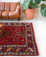 Vintage Turkish rug in a living room setting, pile rug, Turkish rug, vintage rug, portland, rug shop, bright colors, wild shaman, soft rug, bold color, Portland, Oregon, rug store, rug shop, local shop, antique rug