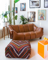 Floor pouf in a living room setting, pillow, turkish pillow, kilim pillow, home decor, decorative pillow, sham, rug pillow, decor, home decor, pouf, floor cushion, cushion, Portland, rugshop, Oregon, Wild Shaman, ottoman
