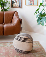 Floor pouf in a living room setting, pillow, turkish pillow, kilim pillow, home decor, decorative pillow, sham, rug pillow, decor, home decor, pouf, floor cushion, cushion, Portland, rugshop, Oregon, Wild Shaman, ottoman