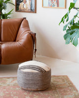 Floor pouf in a living room setting, pillow, turkish pillow, kilim pillow, home decor, decorative pillow, sham, rug pillow, decor, home decor, pouf, floor cushion, cushion, Portland, rugshop, Oregon, Wild Shaman, ottoman