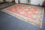 orange, green, bright color, antique, oushak rug, portland rug shop, rug store, wild shaman