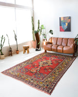 Vintage Turkish rug in a living room setting, pile rug, Turkish rug, vintage rug, portland, rug shop, bright colors, wild shaman, soft rug, bold color, Portland, Oregon, rug store, rug shop, local shop, antique rug,