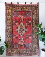 Vintage Turkish rug in a living room setting, pile rug, Turkish rug, vintage rug, portland, rug shop, bright colors, wild shaman, soft rug, bold color, Portland, Oregon, rug store, rug shop, local shop, antique rug,