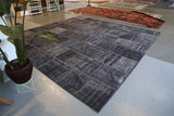 Vintage Patchwork Isparta Rug overdyed in Ash 12.4ftx12.4ft