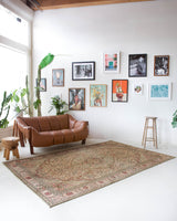 Vintage Turkish rug in living room setting, old rug, antique rug, pastel colors, faded colors, Turkish rug, vintage rug, soft rug, Portland, Oregon, rug store, rug shop, local shop