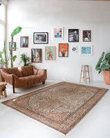 Vintage Turkish rug in living room setting, old rug, antique rug, pastel colors, faded colors, Turkish rug, vintage rug, soft rug, Portland, Oregon, rug store, rug shop, local shop