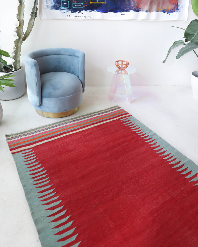 Vintage kilim rug in living room setting, bright colors, wild shaman, soft rug, bold color, Portland, Oregon, rug store, rug shop, local shop, vintage rug, modern kilim, warm colors, antique kilim rug