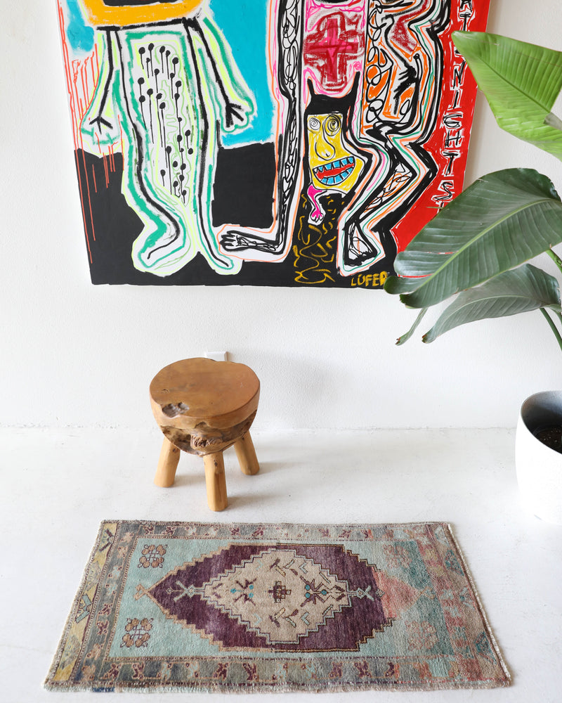  Vintage mini kilim rug in room decor setting, kilim, Turkish rug, vintage rug, portland, rug shop, bright colors, wild shaman, soft rug, bold color, Portland, Oregon, rug store, rug shop, local shop