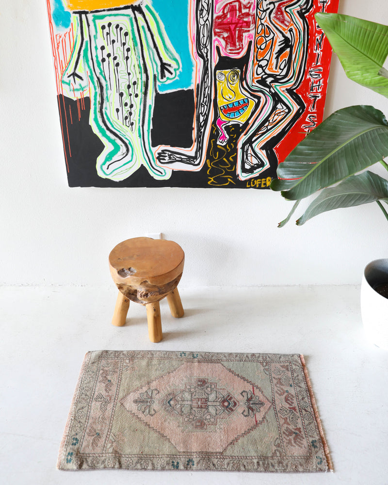  Vintage mini kilim rug in room decor setting, kilim, Turkish rug, vintage rug, portland, rug shop, bright colors, wild shaman, soft rug, bold color, Portland, Oregon, rug store, rug shop, local shop