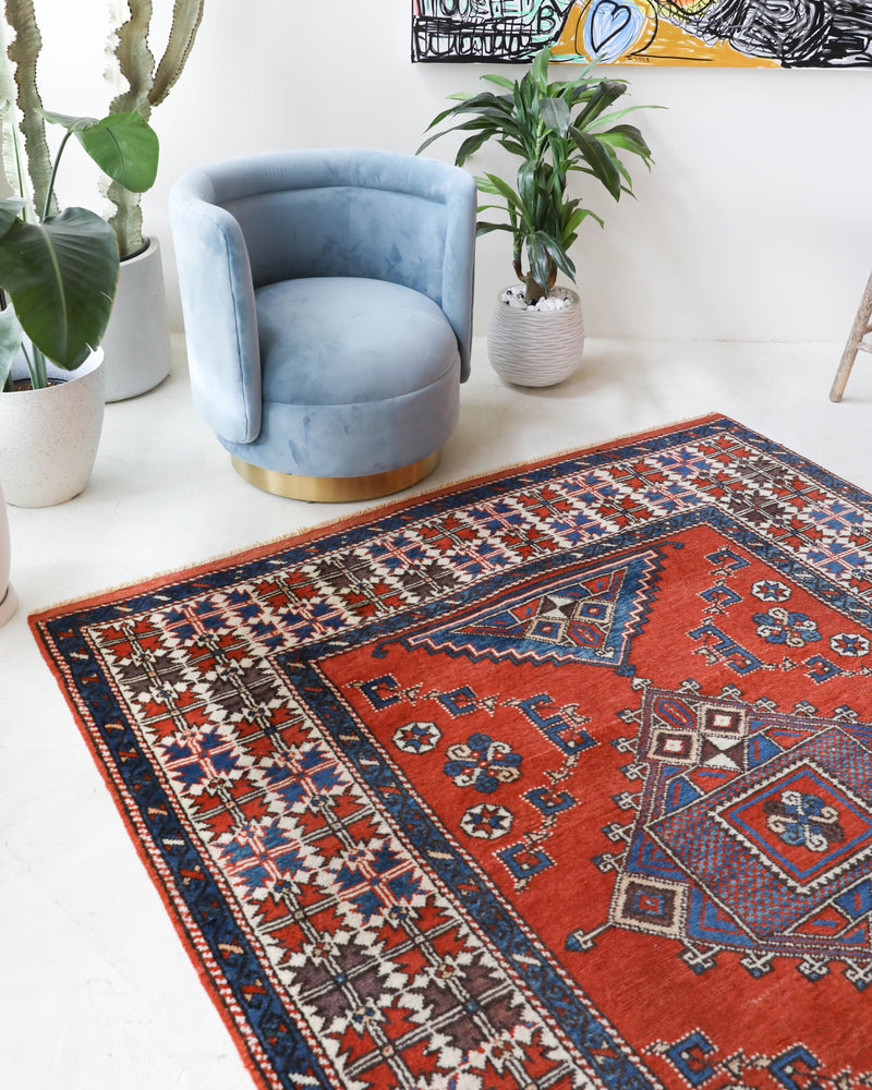 Vintage Turkish rug in a living room setting, Area rug in a living room setting, pile rug, Turkish rug, custom rug, modern rug, portland, rug shop, bright colors, wild shaman, soft rug, bold color, Portland, Oregon, rug store, rug shop, local shop