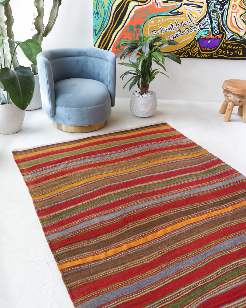 Vintage kilim rug in living room setting, old rug, antique rug, pastel colors, faded colors, Turkish rug, vintage rug, soft rug, Portland, Oregon, rug store, rug shop, local shop, earthy tones, earthy colors, warm colors