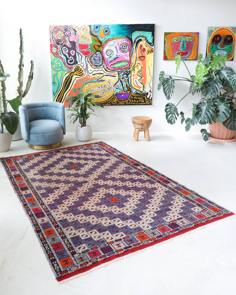 Vintage kilim rug in living room setting, bright colors, wild shaman, soft rug, bold color, Portland, Oregon, rug store, rug shop, local shop, vintage rug, modern kilim, warm colors, antique kilim rug