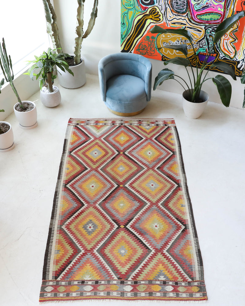 Vintage kilim rug in living room setting, old rug, antique rug, pastel colors, faded colors, Turkish rug, vintage rug, soft rug, Portland, Oregon, rug store, rug shop, local shop, earthy tones, earthy colors, warm colors