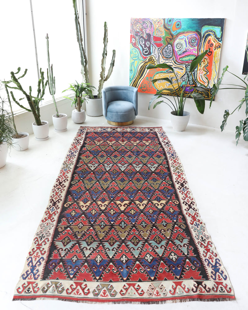 Vintage kilim rug in living room setting, bright colors, wild shaman, soft rug, bold color, Portland, Oregon, rug store, rug shop, local shop, vintage rug, modern kilim, warm colors, antique rug, antique kilim