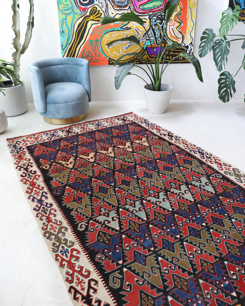 Vintage kilim rug in living room setting, bright colors, wild shaman, soft rug, bold color, Portland, Oregon, rug store, rug shop, local shop, vintage rug, modern kilim, warm colors, antique rug, antique kilim