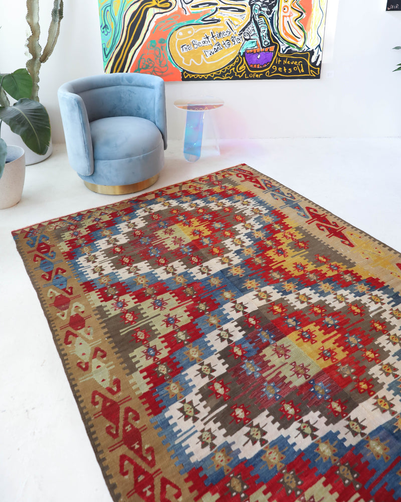 Vintage kilim rug in living room setting, bright colors, wild shaman, soft rug, bold color, Portland, Oregon, rug store, rug shop, local shop, vintage rug, modern kilim, warm colors, antique kilim rug