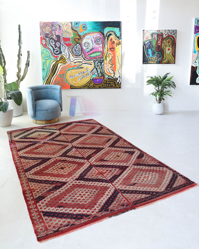 Vintage kilim rug in living room setting, old rug, antique rug, pastel colors, faded colors, Turkish rug, vintage rug, soft rug, Portland, Oregon, rug store, rug shop, local shop, earthy tones, earthy colors, warm colors