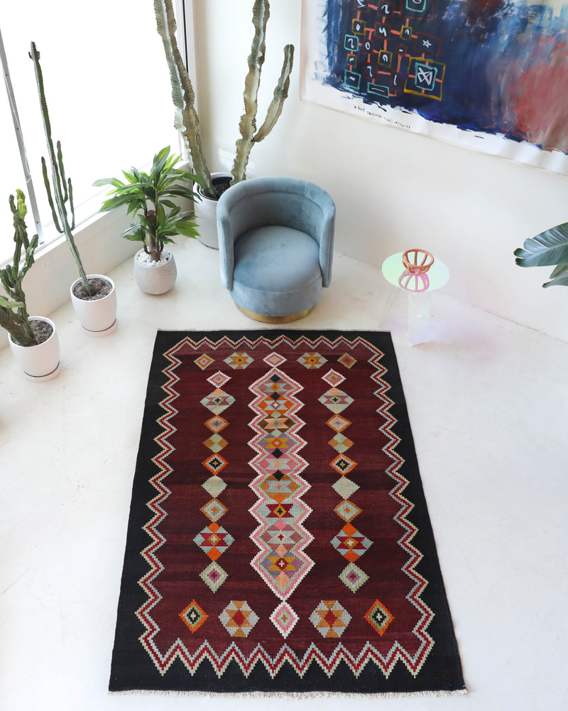 Vintage kilim rug in living room setting, bright colors, wild shaman, soft rug, bold color, Portland, Oregon, rug store, rug shop, local shop, vintage rug, modern kilim, warm colors, antique rug, antique kilim