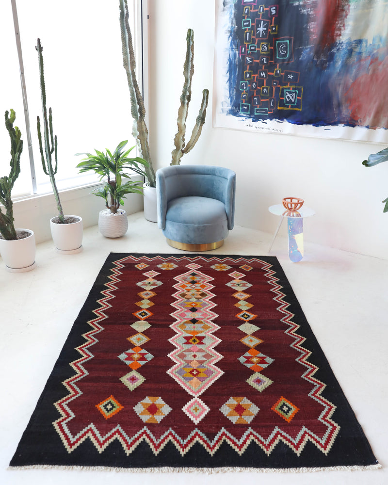 Vintage kilim rug in living room setting, bright colors, wild shaman, soft rug, bold color, Portland, Oregon, rug store, rug shop, local shop, vintage rug, modern kilim, warm colors, antique rug, antique kilim