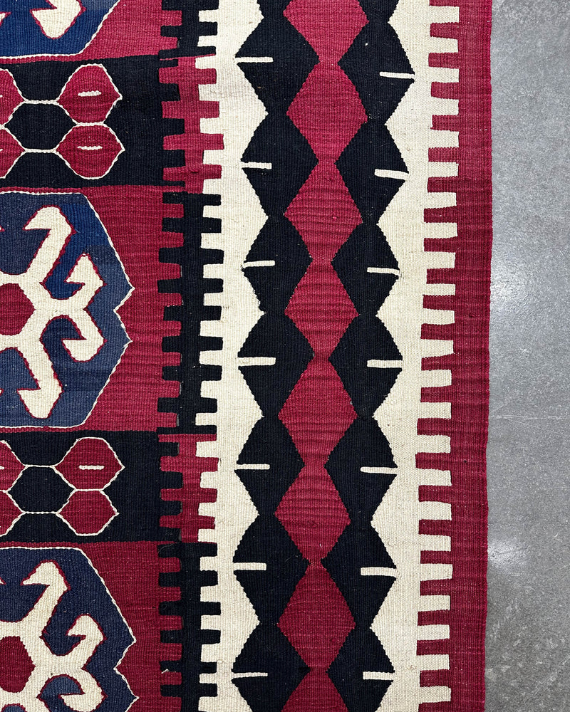 Vintage kilim rug in living room setting, bright colors, wild shaman, soft rug, bold color, Portland, Oregon, rug store, rug shop, local shop, vintage rug, modern kilim, warm colors, antique rug, antique kilim