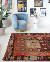 Vintage kilim rug in living room setting, bright colors, wild shaman, soft rug, bold color, Portland, Oregon, rug store, rug shop, local shop, vintage rug, modern kilim, warm colors