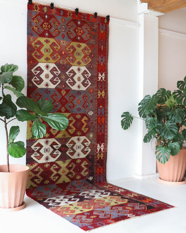 Vintage kilim rug in living room setting, bright colors, wild shaman, soft rug, bold color, Portland, Oregon, rug store, rug shop, local shop, vintage rug, modern kilim, warm colors