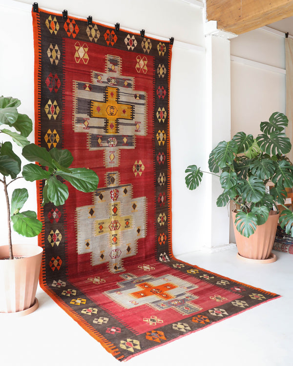 Vintage kilim rug in living room setting, bright colors, wild shaman, soft rug, bold color, Portland, Oregon, rug store, rug shop, local shop, vintage rug, modern kilim, warm colors