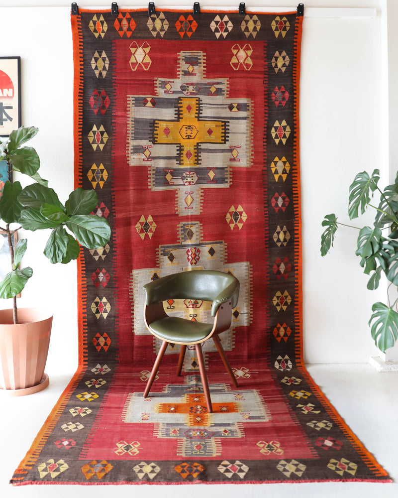 Vintage kilim rug in living room setting, bright colors, wild shaman, soft rug, bold color, Portland, Oregon, rug store, rug shop, local shop, vintage rug, modern kilim, warm colors