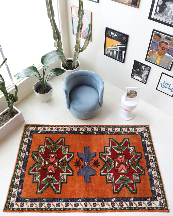 Vintage Turkish rug in a living room setting, pile rug, Turkish rug, vintage rug, portland, rug shop, bright colors, wild shaman, soft rug, bold color, Portland, Oregon, rug store, rug shop, local shop, shag rug, shaggy, plush,tulu rugs