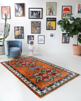 Vintage Turkish rug in a living room setting, pile rug, Turkish rug, vintage rug, portland, rug shop, bright colors, wild shaman, soft rug, bold color, Portland, Oregon, rug store, rug shop, local shop, shag rug, shaggy, plush,tulu rugs