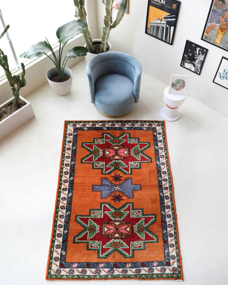 Vintage Turkish rug in a living room setting, pile rug, Turkish rug, vintage rug, portland, rug shop, bright colors, wild shaman, soft rug, bold color, Portland, Oregon, rug store, rug shop, local shop, shag rug, shaggy, plush,tulu rugs