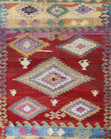 Vintage kilim rug in room decor setting, old rug, antique rug, pastel colors, faded colors, Turkish rug, vintage rug, soft rug, Portland, Oregon, rug store, rug shop, local shop, bold colors, bright colors, faded colors