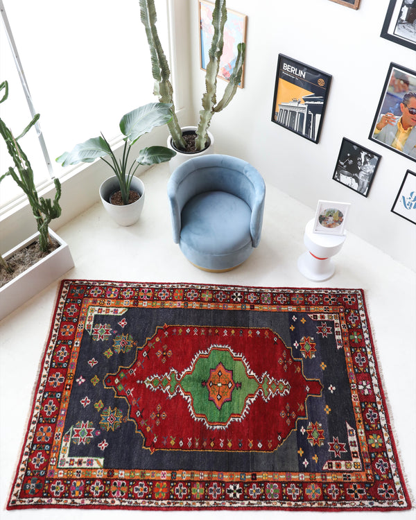 Vintage Turkish rug in a living room setting, pile rug, Turkish rug, vintage rug, portland, rug shop, bright colors, wild shaman, soft rug, bold color, Portland, Oregon, rug store, rug shop, local shop, shag rug, shaggy, plush,tulu rugs