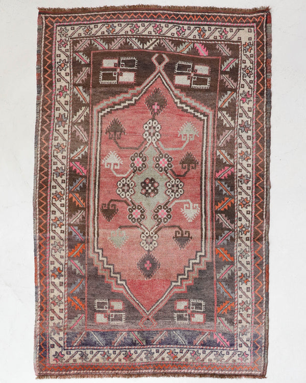 Vintage Turkish rug in living room setting, old rug, antique rug, pastel colors, faded colors, Turkish rug, vintage rug, soft rug, Portland, Oregon, rug store, rug shop, local shop