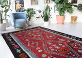 Vintage kilim rug in living room setting, bright colors, wild shaman, soft rug, bold color, Portland, Oregon, rug store, rug shop, local shop, vintage rug, modern kilim, warm colors