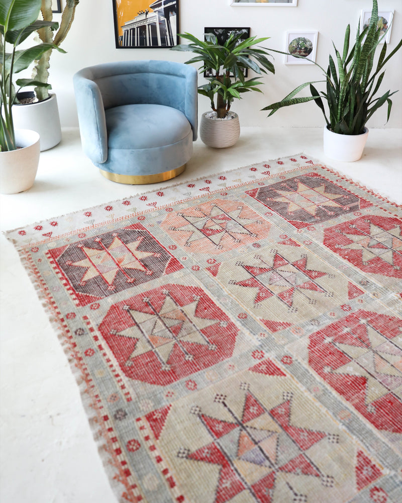 Vintage kilim rug in living room setting, old rug, antique rug, pastel colors, faded colors, Turkish rug, vintage rug, soft rug, Portland, Oregon, rug store, rug shop, local shop, earthy tones, earthy colors, warm colors