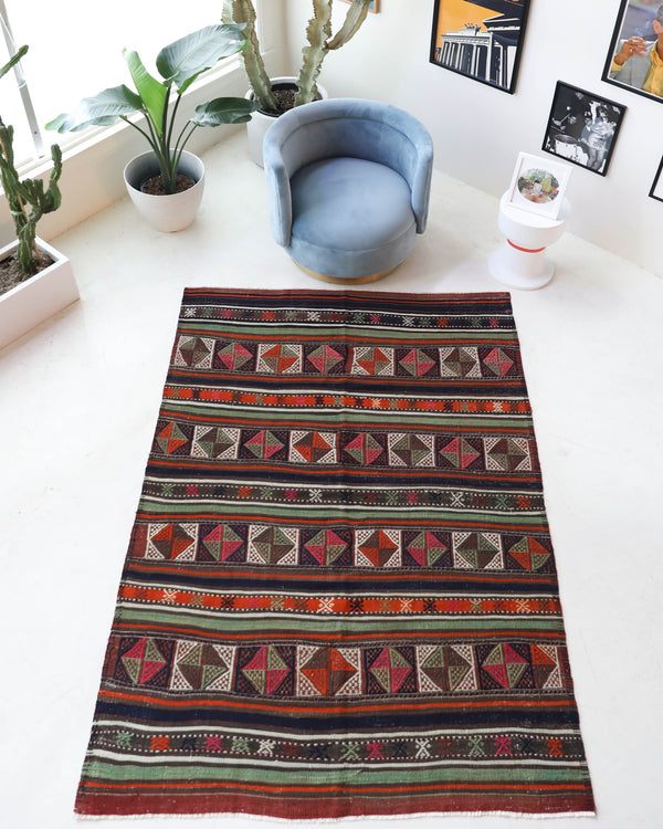 Vintage kilim rug in living room setting, bright colors, wild shaman, soft rug, bold color, Portland, Oregon, rug store, rug shop, local shop, vintage rug, modern kilim, warm colors