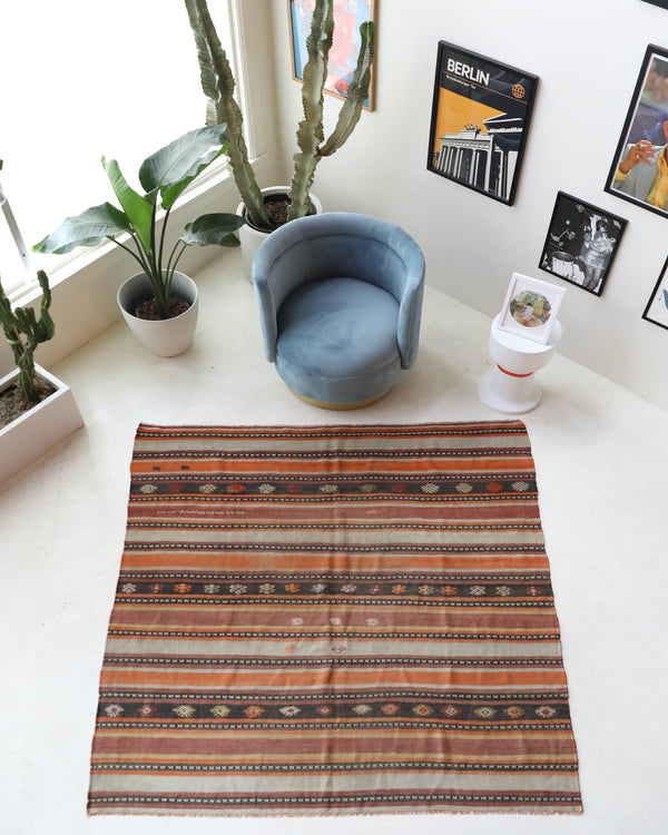 Vintage kilim rug in living room setting, old rug, antique rug, pastel colors, faded colors, Turkish rug, vintage rug, soft rug, Portland, Oregon, rug store, rug shop, local shop, earthy tones, earthy colors, warm colors