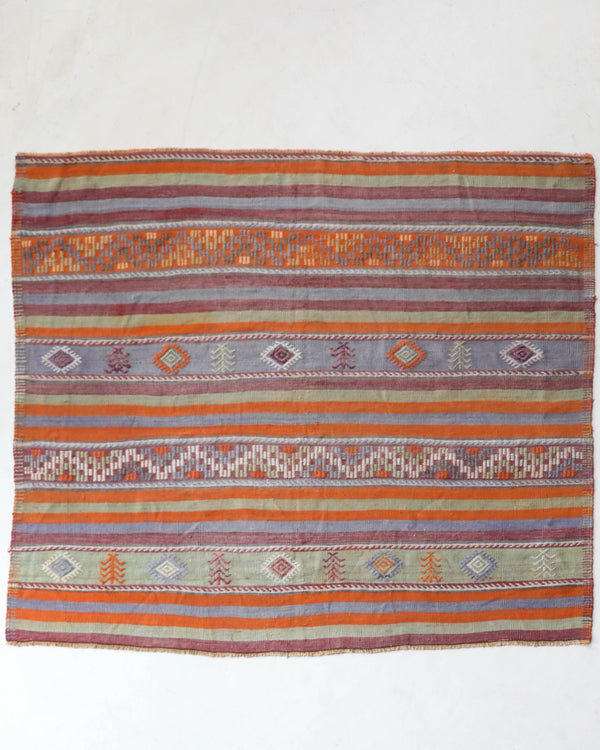 Vintage kilim rug in living room setting, old rug, antique rug, pastel colors, faded colors, Turkish rug, vintage rug, soft rug, Portland, Oregon, rug store, rug shop, local shop, earthy tones, earthy colors, warm colors