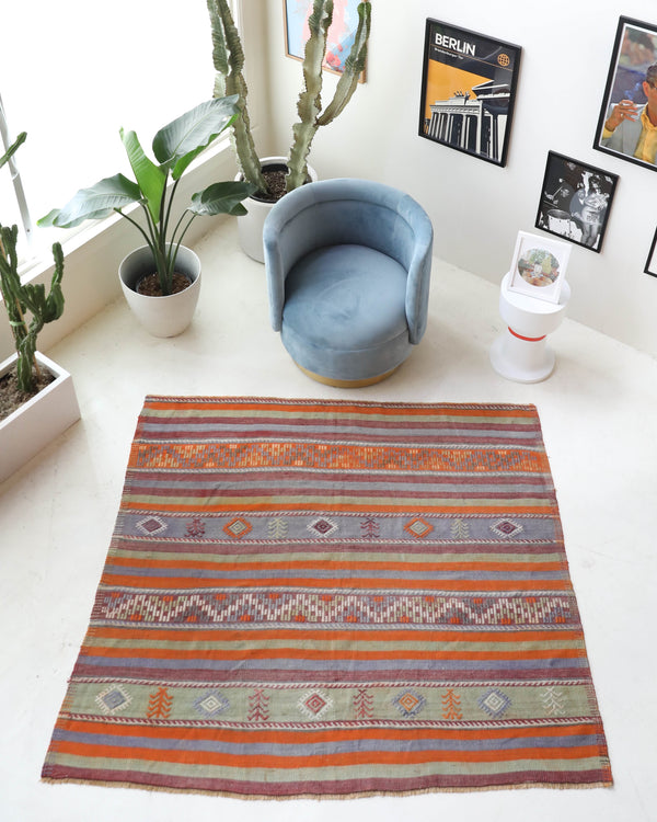 Vintage kilim rug in living room setting, old rug, antique rug, pastel colors, faded colors, Turkish rug, vintage rug, soft rug, Portland, Oregon, rug store, rug shop, local shop, earthy tones, earthy colors, warm colors