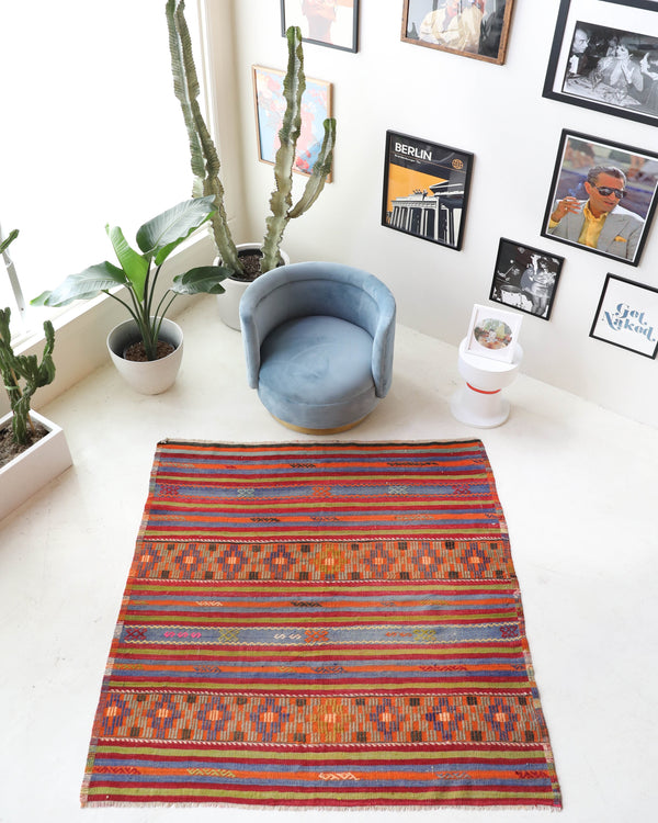 Vintage kilim rug in living room setting, bright colors, wild shaman, soft rug, bold color, Portland, Oregon, rug store, rug shop, local shop, vintage rug, modern kilim, warm colors