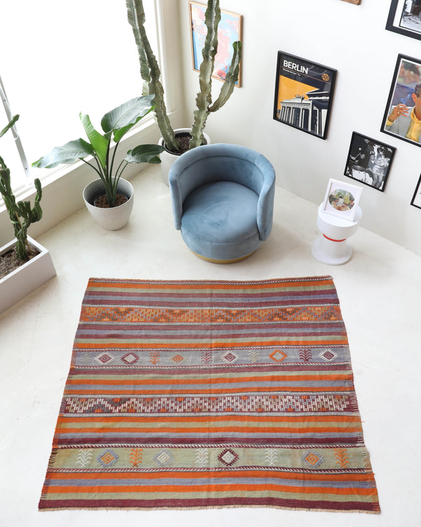 Vintage kilim rug in living room setting, old rug, antique rug, pastel colors, faded colors, Turkish rug, vintage rug, soft rug, Portland, Oregon, rug store, rug shop, local shop, earthy tones, earthy colors, warm colors