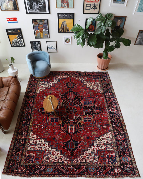 Antique Persian area rug in a living room setting, pile rug, vintage rug, portland, rug shop, bright colors, wild shaman, soft rug, bold color, Portland, Oregon, rug store, rug shop, local shop, antique rug, Persian rug, handmade rug, wool rug, distressed rug