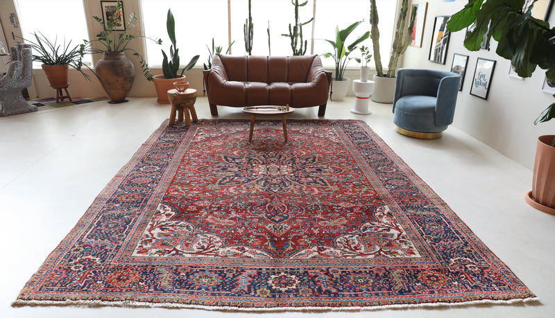 Antique Persian area rug in a living room setting, pile rug, vintage rug, portland, rug shop, bright colors, wild shaman, soft rug, bold color, Portland, Oregon, rug store, rug shop, local shop, antique rug, Persian rug, handmade rug, wool rug, distressed rug