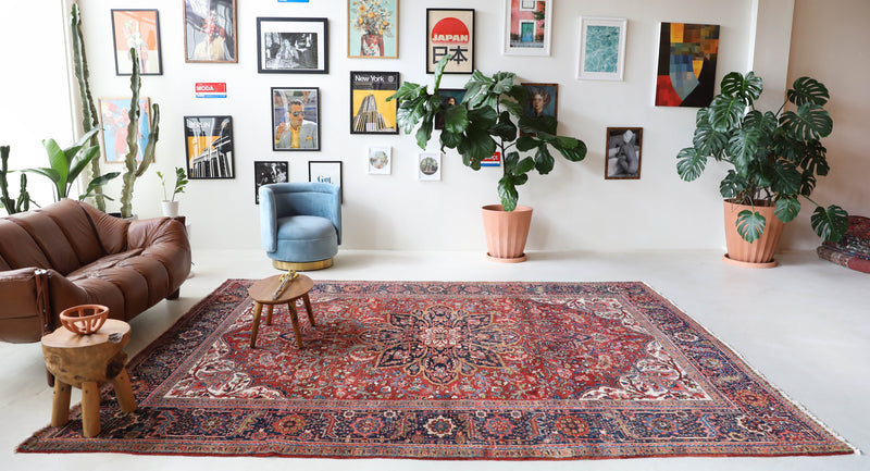 Antique Persian area rug in a living room setting, pile rug, vintage rug, portland, rug shop, bright colors, wild shaman, soft rug, bold color, Portland, Oregon, rug store, rug shop, local shop, antique rug, Persian rug, handmade rug, wool rug, distressed rug