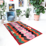 Vintage kilim rug in living room setting, bright colors, wild shaman, soft rug, bold color, Portland, Oregon, rug store, rug shop, local shop, vintage rug, modern kilim, warm colors